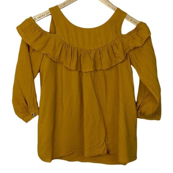 Anthropologie Maeve Brearly‎ Mustard Yellow Open Shoulder Ruffle Top Size 2 Boho - Picture 7 of 15